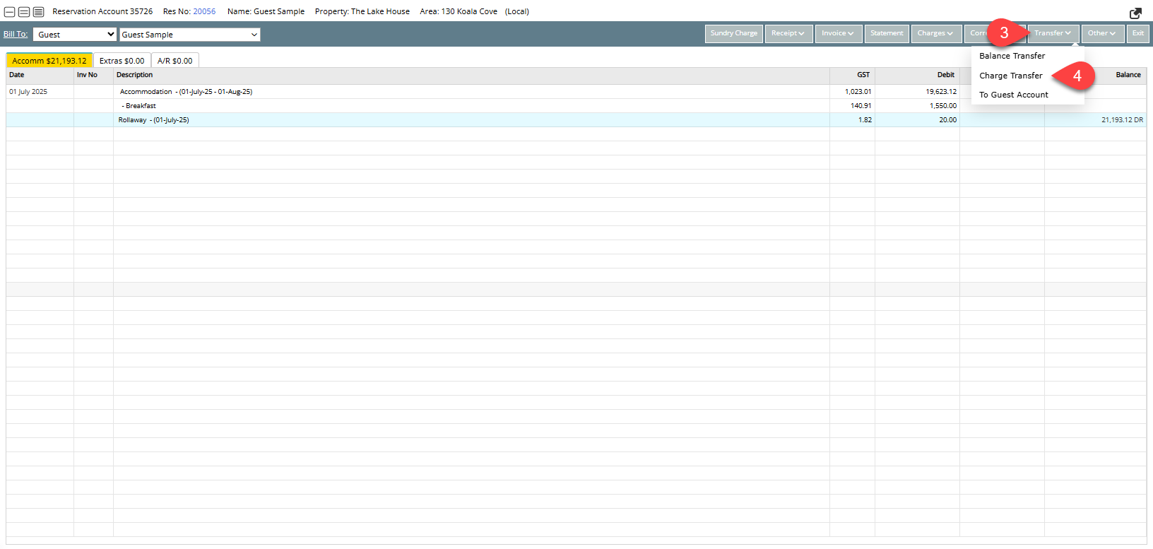Screenshot of the Charge Transfer confirmation screen in RMS listing the selected charges and the total amount to be transferred.