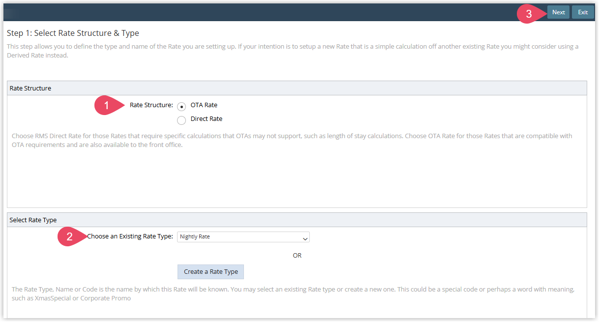 Screenshot of the New Rate Wizard Step 1 in RMS showing the Rate Structure radio buttons (OTA Rate / Direct Rate) and the Rate Type selection options
