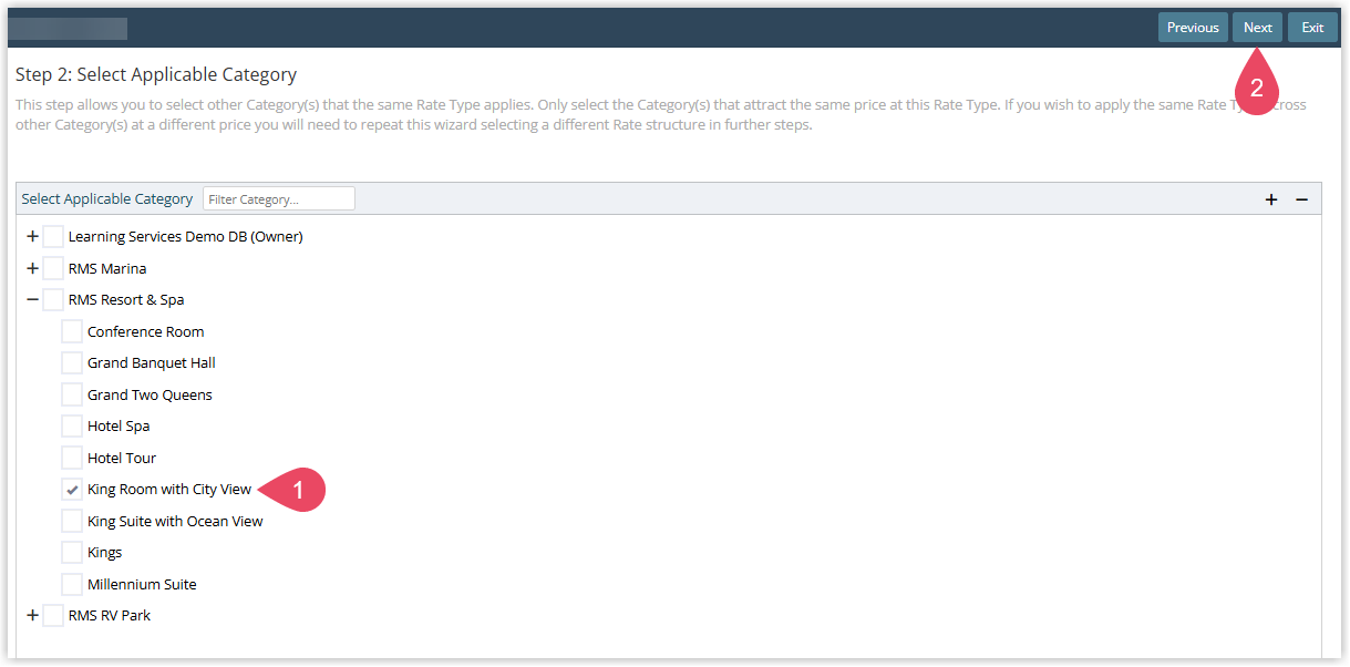 Screenshot of the New Rate Wizard Step 2 in RMS showing the Select Applicable Category list with one or more categories ticked