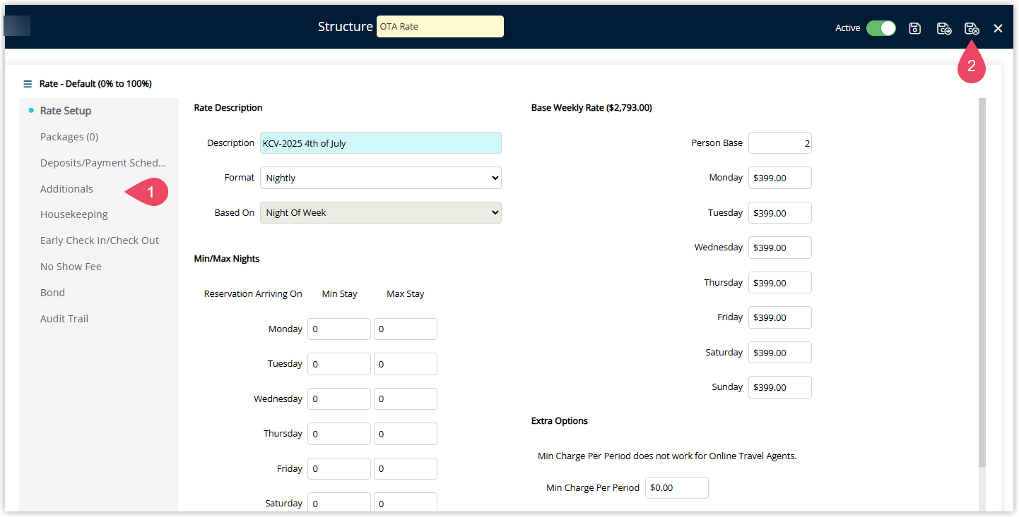 Screenshot of the final New Rate Wizard step in RMS showing optional Rate Components configured and the Save and Exit button
