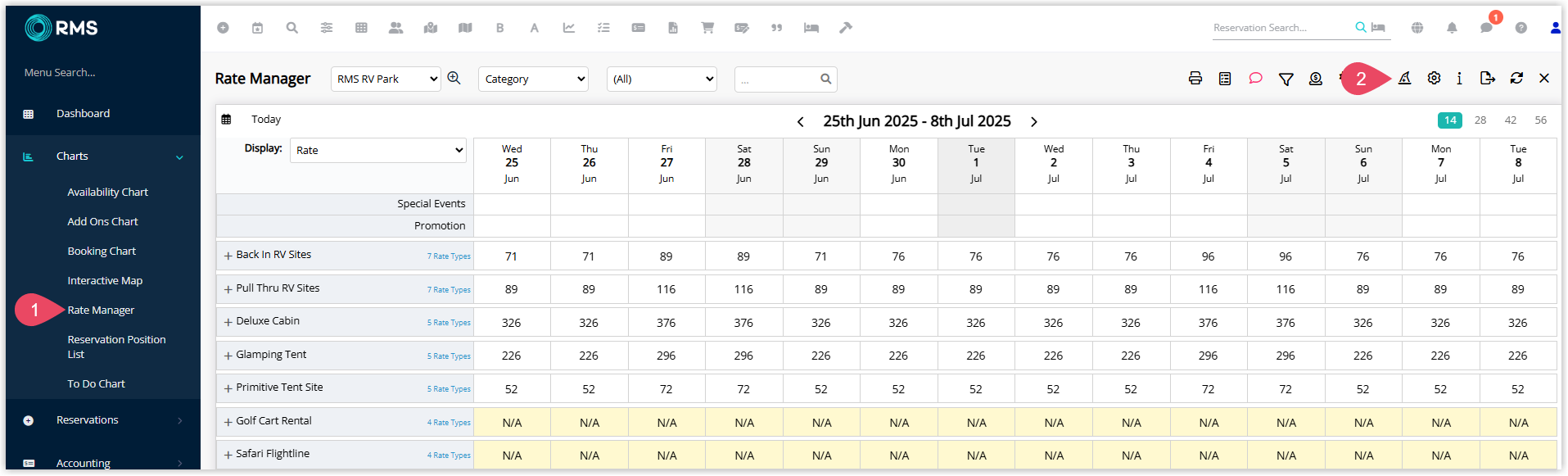 Screenshot of the Rate Manager screen in RMS showing the New Rate Wizard option highlighted to start a guided setup for creating a new rate.