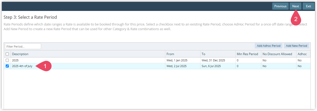 Screenshot of the New Rate Wizard Step 3 in RMS showing the Select Rate Period options with the choice to use an existing period or create a new one