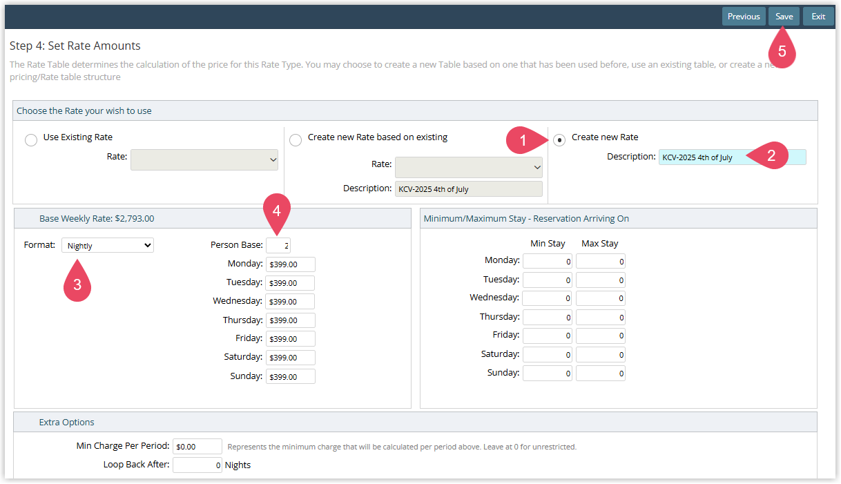Screenshot of the New Rate Wizard Rate Table step in RMS showing fields for Rate Table Description, Rate Format, Person Base, and Rate Amount with the Save button visible
