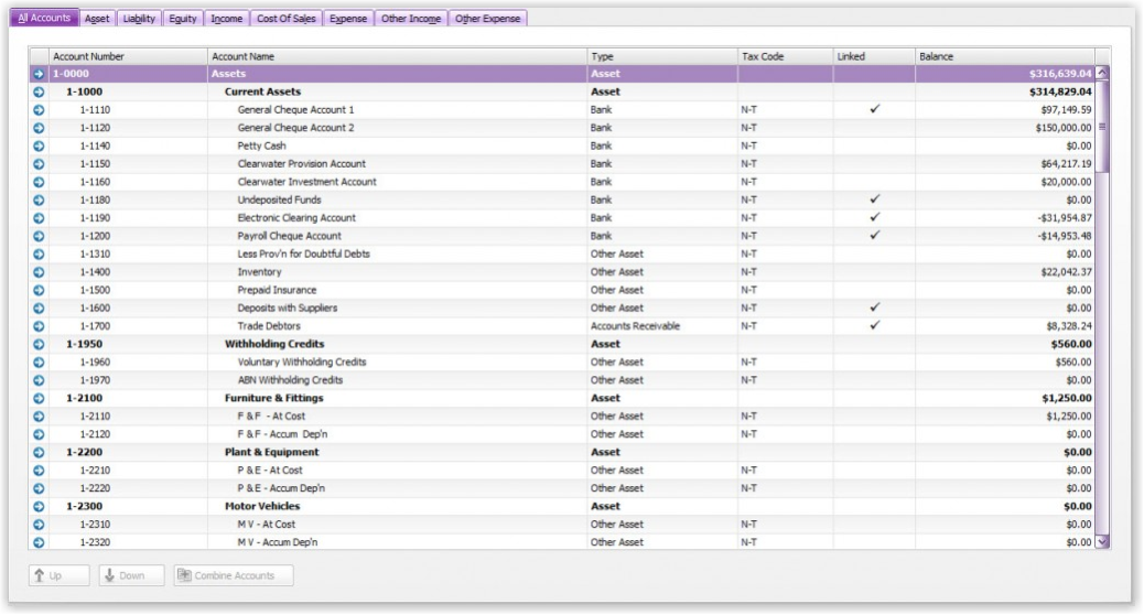 MYOB All Accounts screen displaying a chart of accounts with account numbers, names and categories, illustrating the format of General Ledger Account Codes used in MYOB.