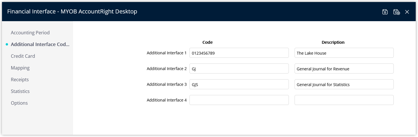 Financial Interface screen in RMS displaying the Additional Interface Codes mapping area, with fields to enter extra GL Acc Codes required by certain financial systems for specialised postings.