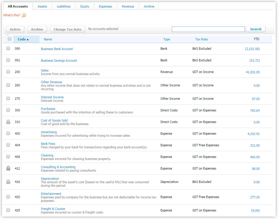 Xero All Accounts screen showing the chart of accounts with account codes, account names and types, illustrating the format of General Ledger Account Codes used in Xero.