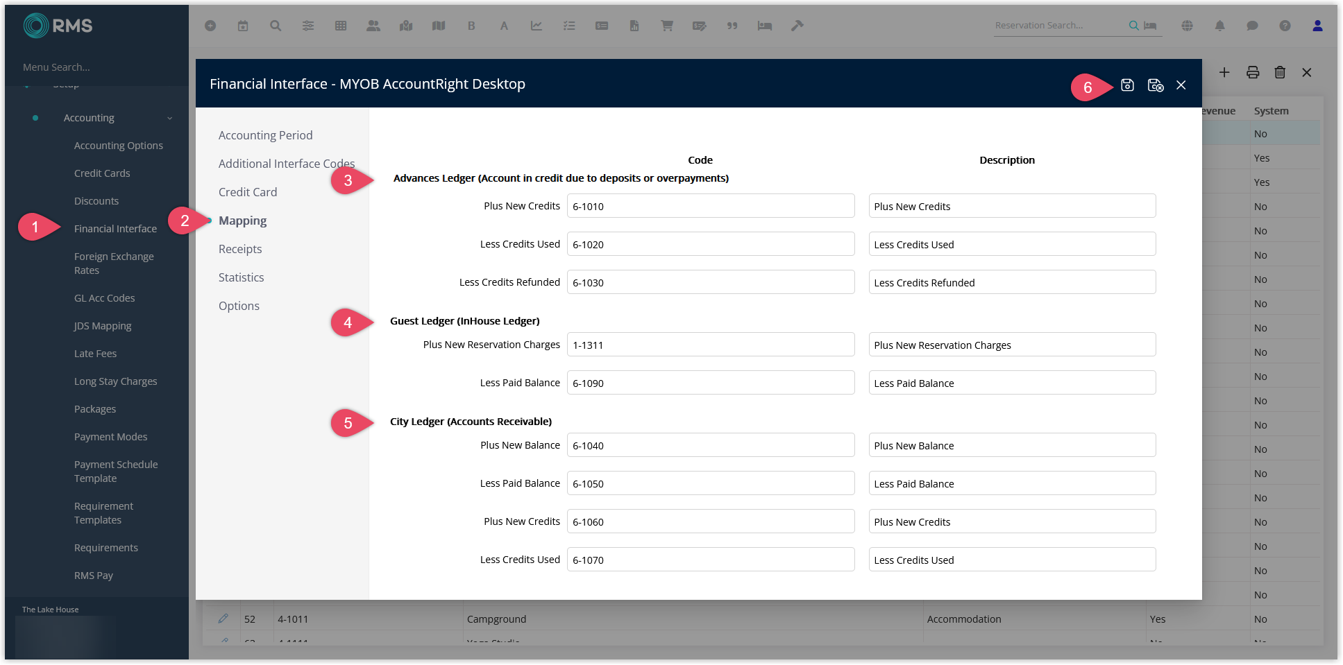 Financial Interface screen in RMS with the Mapping tab selected, showing fields to enter GL Acc Codes for the Advances Ledger, Guest Ledger and City Ledger, and a Save button to store the ledger mapping configuration.