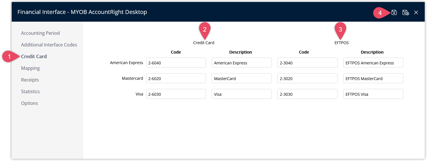 Financial Interface screen in RMS with the Credit Cards tab selected, displaying separate GL Acc Code fields for each card type under ‘Credit Card (Card Not-Present)’ and ‘EFTPOS (Card Present)’, with a Save button to apply the credit card receipt mapping.