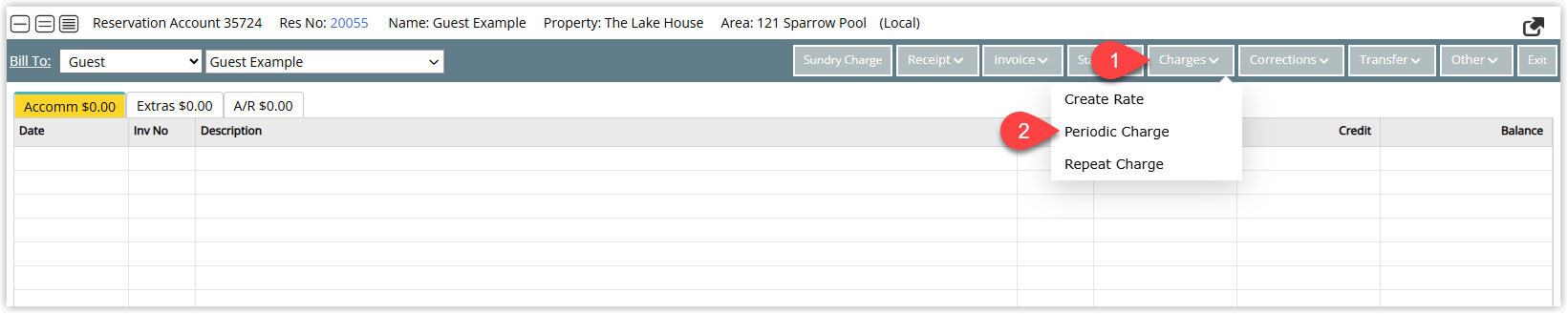 RMS Account screen with the Charges menu opened and the Periodic Charge option selected to post a charge across a specified date range.