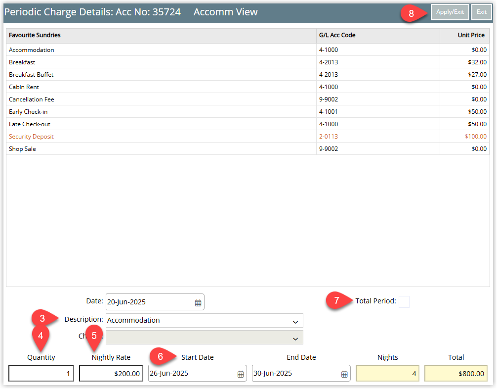 RMS Periodic Charge window showing a Sundry Charge selected, Quantity and Amount entered, a Date Range chosen, and the optional Amount for Total Period checkbox, with Apply/Exit clicked to post the periodic charges to the account.