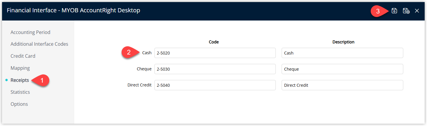 Financial Interface screen in RMS with the Receipts tab selected, showing a list of receipt types with corresponding GL Acc Code fields for each, and a Save button to store the receipt mapping.
