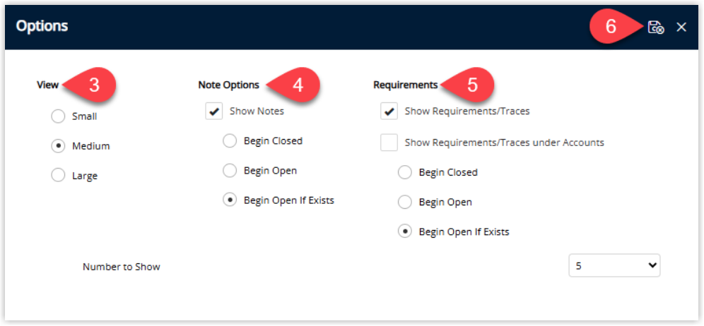 Reservation Screen Options window in RMS displaying settings for Field View size, Show Notes with starting display options, Show Requirements/Traces including under Accounts, Compact Layout, Number of Requirements to display before scrolling, and a Save/Exit button to apply the chosen layout.