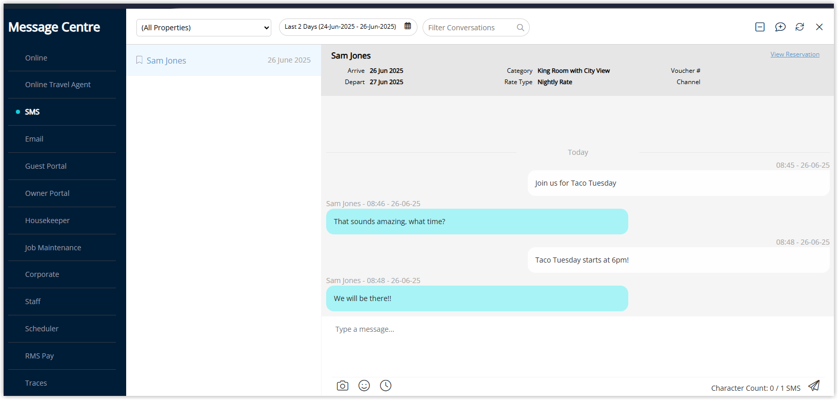 Screenshot of the Message Centre SMS conversation view in RMS showing a two-way SMS thread between the property and a guest