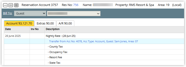 Screenshot of a sample statement in RMS showing transferred charges itemised with descriptions, dates and amounts for the guest or debtor.