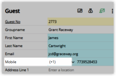 Guest Profile screen in RMS with the Mobile field visible, showing a phone number including a country code prefix based on the guest’s Country of Residence