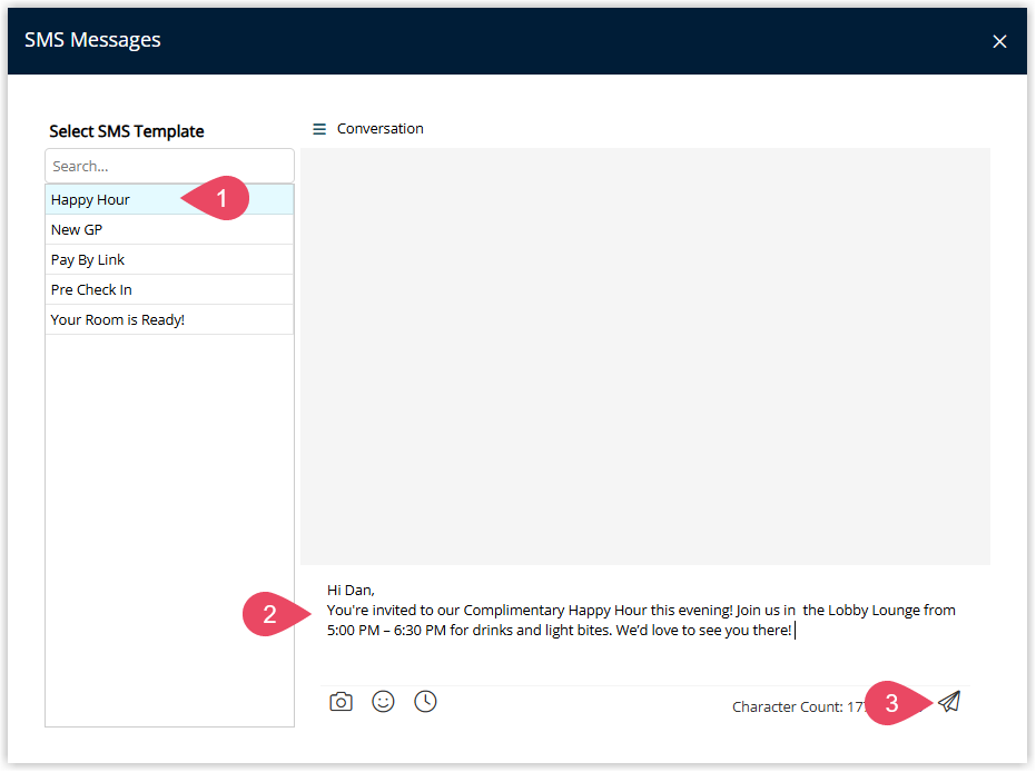 SMS composition screen with the message text entered and a Send icon (paper plane or arrow button) highlighted to transmit the SMS to the guest