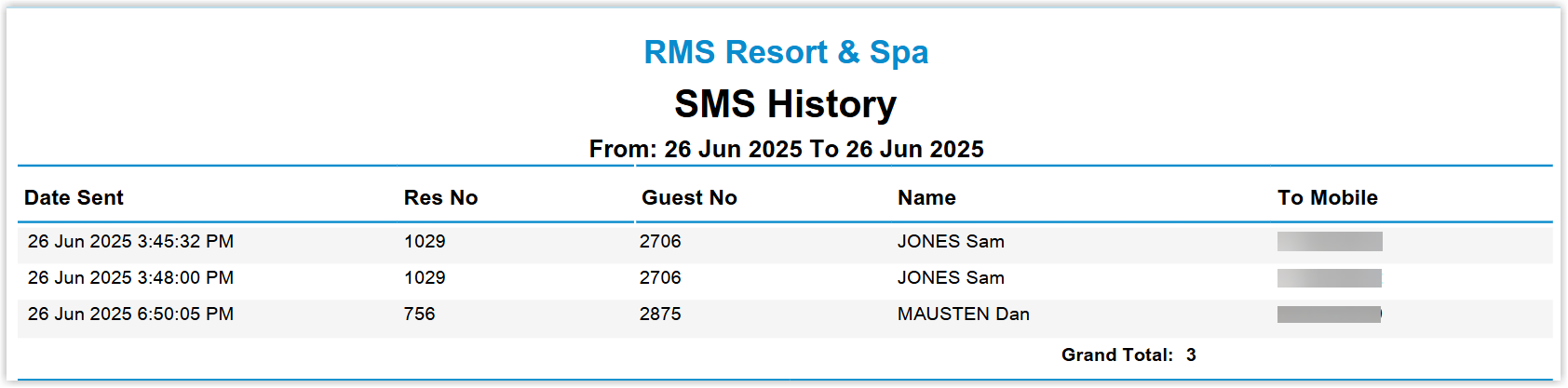 SMS History Report in RMS listing sent SMS messages with columns such as Date/Time, Guest Name, Mobile Number, Message Preview, Status and User
