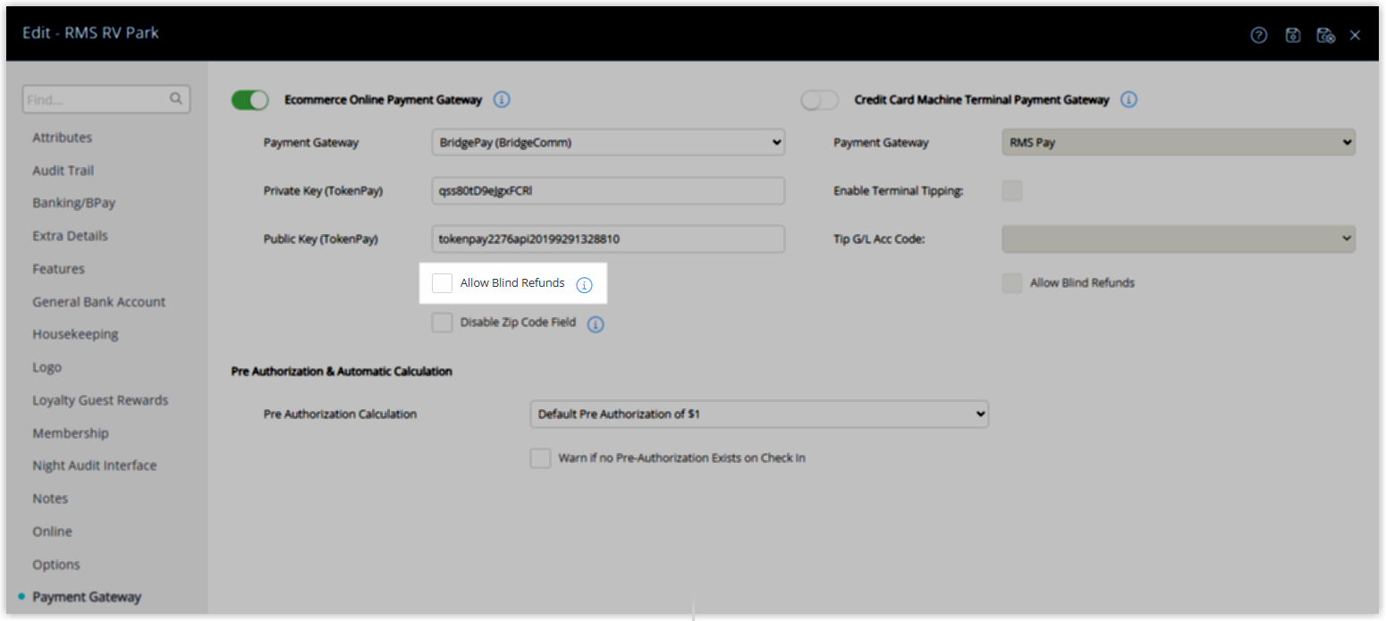 RMS payment processing or refund screen showing the option to select a stored credit card token (CC Token) and manually enter a refund amount, with gateway options such as BridgePay, OpenEdge, or Opayo enabled, illustrating how a blind refund can be processed without linking to a specific original transaction.