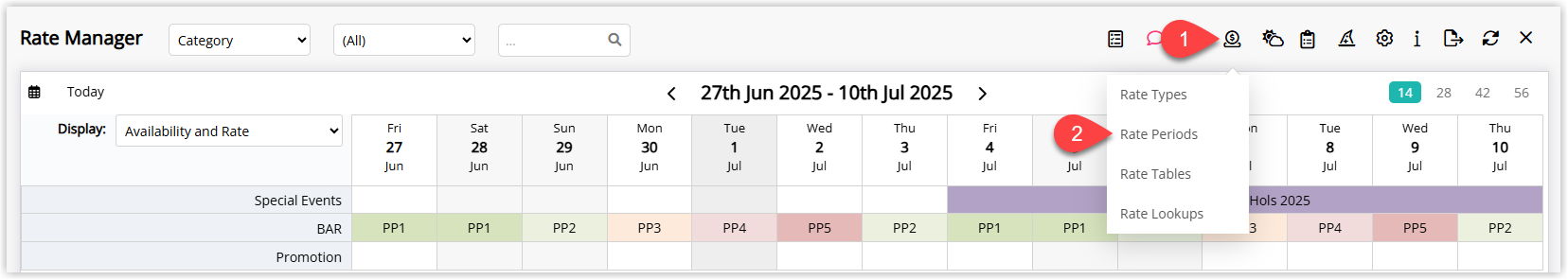 Annotated screenshot of the Rate Manager screen in RMS showing a dropdown menu with step 1 highlighting the information icon in the toolbar and step 2 highlighting the Rate Periods option