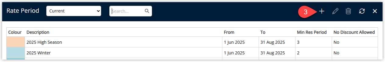 Annotated screenshot of the Rate Period screen in RMS showing two rate periods, 2025 High Season and 2025 Winter, both running from 1 June to 31 August 2025, with step 3 highlighting the Add button in the toolbar