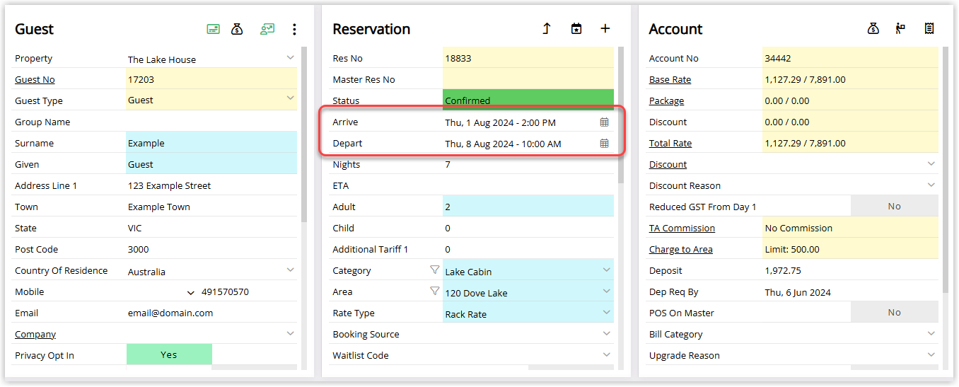 Annotated screenshot of a reservation in RMS for Lake Cabin area 120 Dove Lake with the arrival date of 1 August 2024 and departure date of 8 August 2024 highlighted
