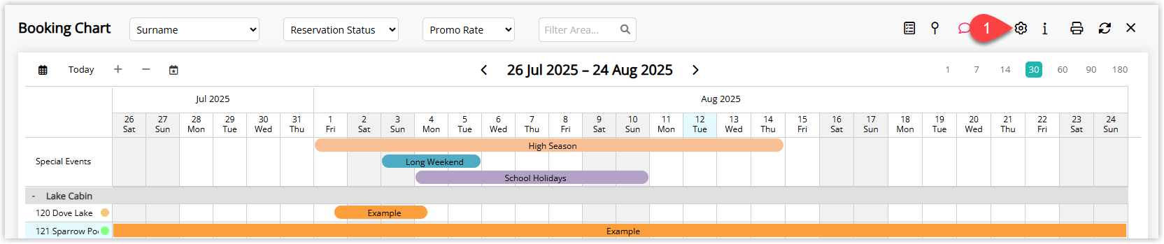 Annotated screenshot of the Booking Chart in RMS with the settings icon highlighted in the toolbar