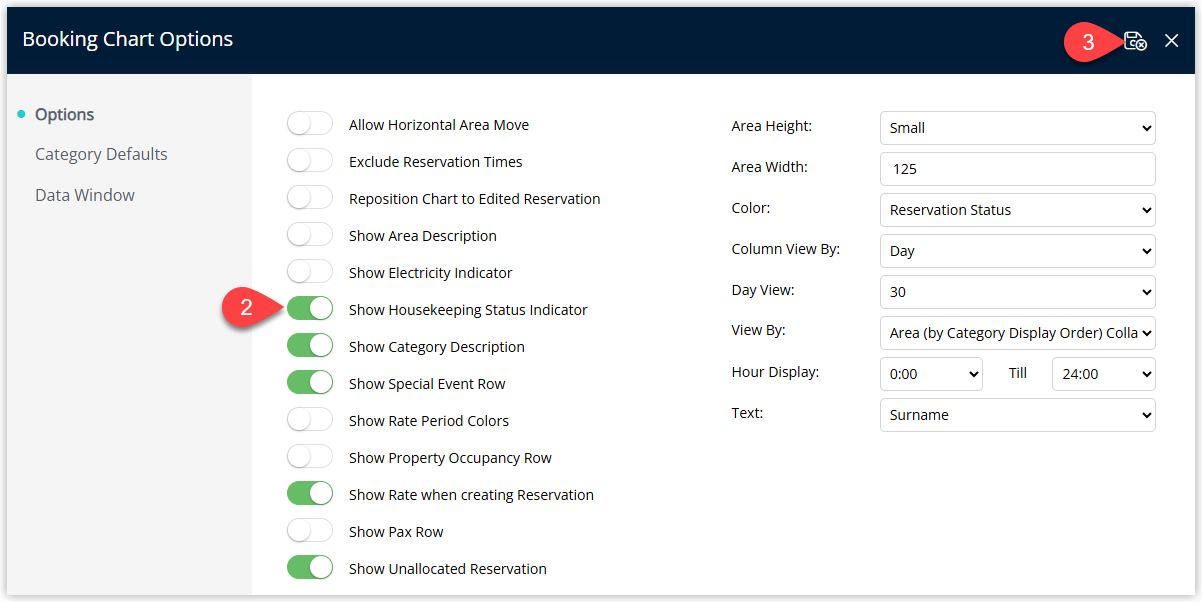 Annotated screenshot of the Booking Chart Options dialog in RMS with the Show Housekeeping Status Indicator option highlighted
