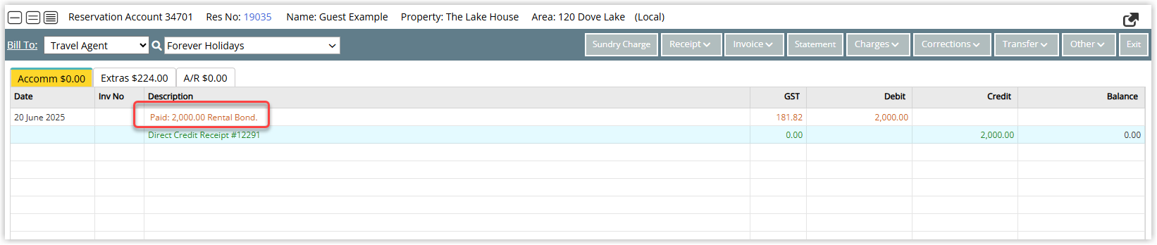 Annotated screenshot of the Reservation Account screen in RMS showing the paid Rental Bond charge and its corresponding receipt