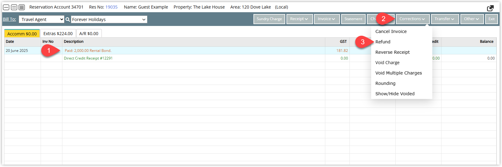 Annotated screenshot of the Reservation Account screen in RMS showing the Corrections menu expanded with the Refund option highlighted