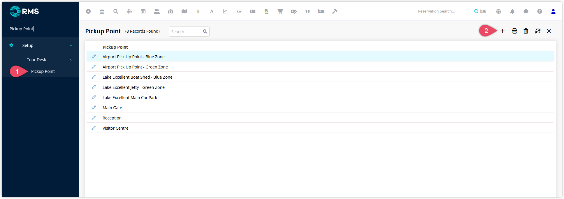 RMS Pickup Point lookup table under Setup > Tour Desk > Pickup Point, showing an empty or populated list of existing pickup points with the Add button selected to create a new pickup point location.