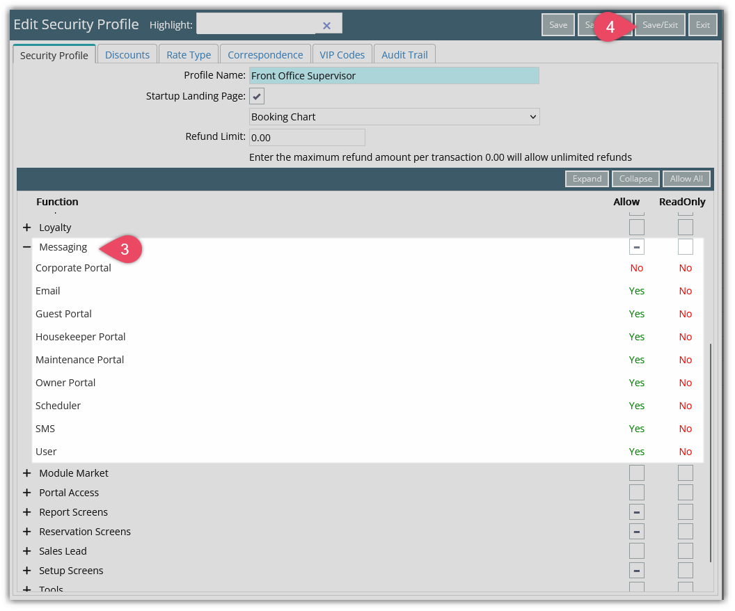 Security Profile detail screen with the Messaging section expanded, showing a list of message-related functions each with an Allow dropdown set to Yes, and a Save/Exit button to apply the changes