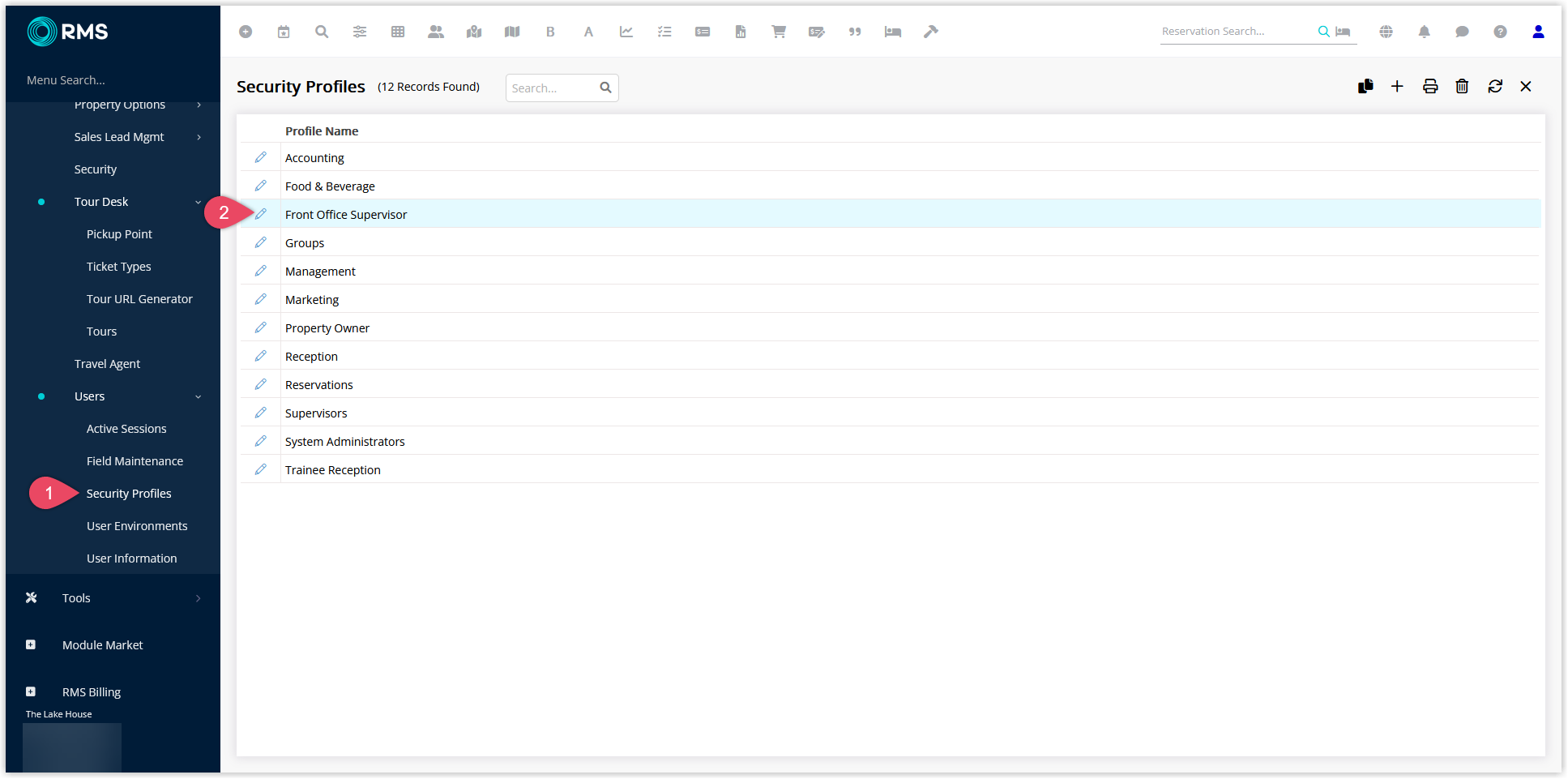 Security Profiles list in RMS showing existing profiles in a grid with an Edit icon next to each profile to open its permissions