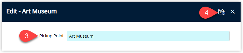 RMS Pickup Point entry window displaying the Pickup Point text field filled with the name of a location and the Save/Exit button chosen to save the new pickup point to the lookup table.