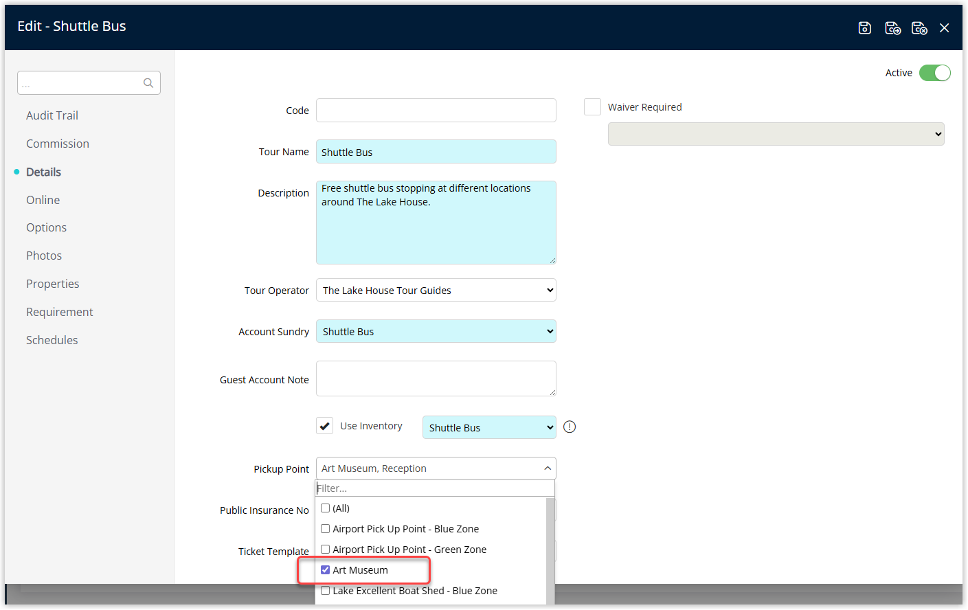 RMS Pickup Point lookup table refreshed to show a list of multiple pickup point locations that have been added, confirming that all required pickup points are now available for selection in Guest Transfers and the Tour Desk module.