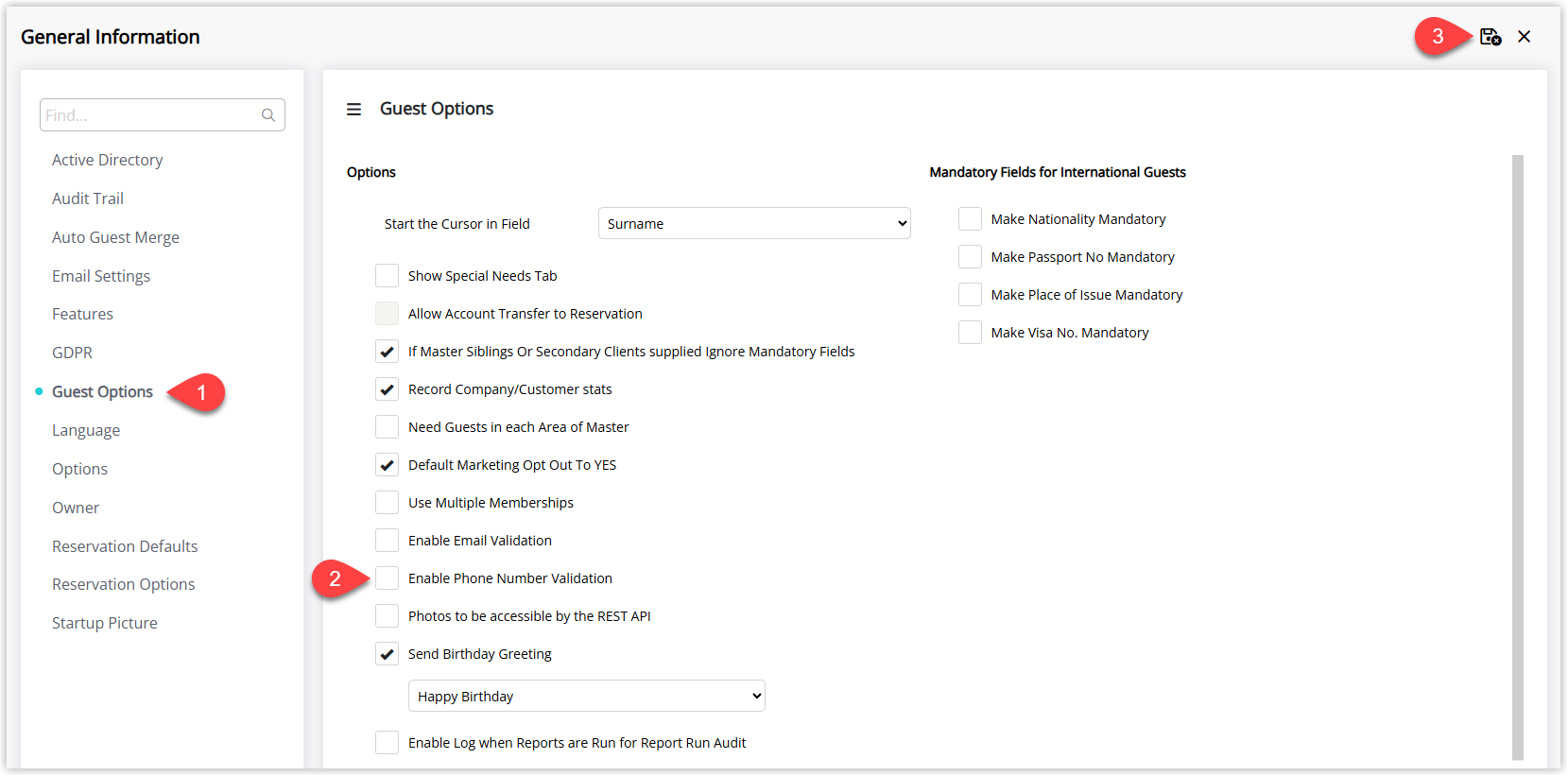 RMS General Information screen on the Guest Options tab with the Enable Phone Number Validation checkbox ticked and Save/Exit selected so phone fields will highlight in red when fewer than six digits are entered or invalid characters are used.