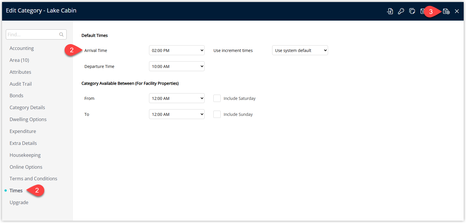 Screenshot of the Category setup window in RMS with the Times tab selected, showing fields for Default Arrival Time, Default Departure Time and an optional Time Increment dropdown, with the Save/Exit button highlighted to apply the category-specific times.