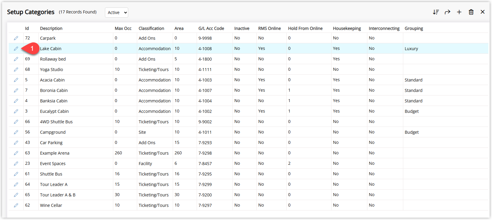 Screenshot of the Category/Area list in RMS showing multiple categories with one category highlighted and the Edit button selected to open its configuration.