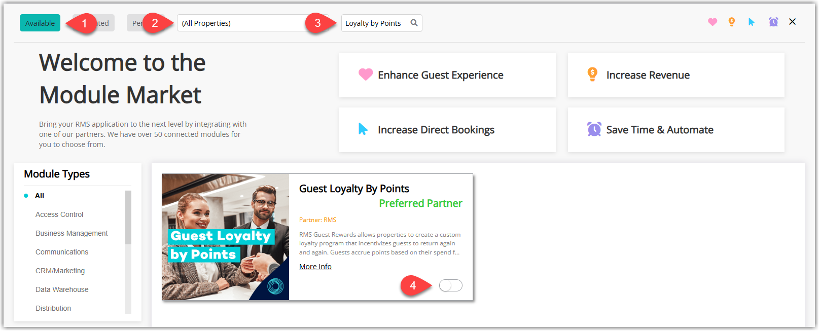 RMS Module Market screen showing the Guest Rewards loyalty module tile with the activation toggle available for all properties.