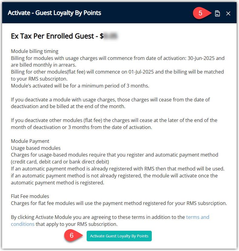 RMS Guest Rewards loyalty module terms and conditions dialog with the option to accept and activate the program.