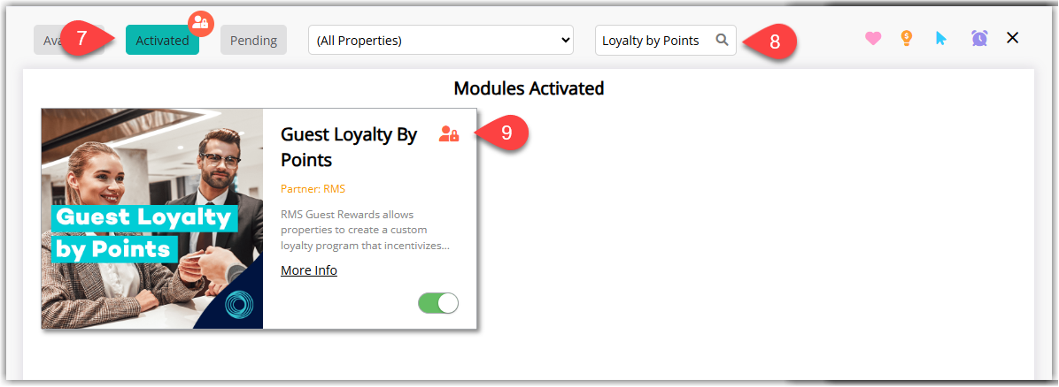 RMS Activated modules screen showing the Guest Loyalty by Points tile with a configuration (unlock) icon to open module settings.