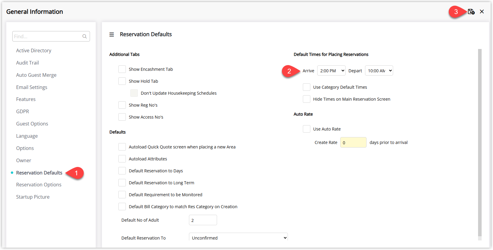 Annotated screenshot of the General Information Reservation Defaults screen in RMS showing the Default Times for Placing Reservations with the Arrive and Depart time selectors highlighted
