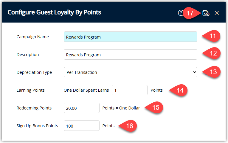 RMS Guest Loyalty by Points configuration screen showing fields for campaign name, program description, depreciation type, points earned and redeemed per dollar, optional sign‑up bonus, and Save/Exit