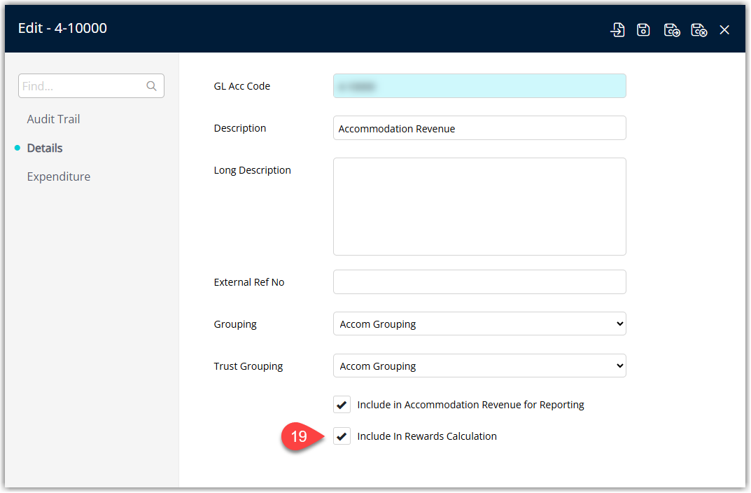 RMS General Ledger Account Codes setup screen with the ‘Include in Loyalty Calculation’ option selected for relevant revenue codes.