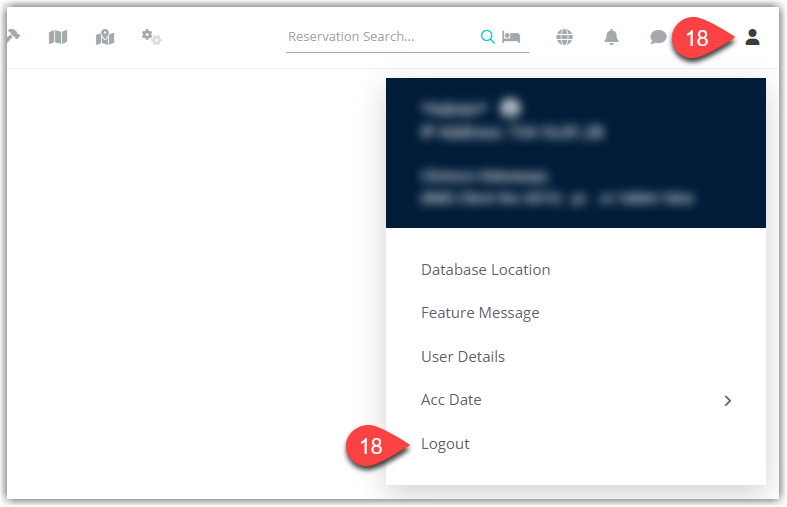 RMS user menu showing the Logout option used to complete activation of the Guest Loyalty by Points program.