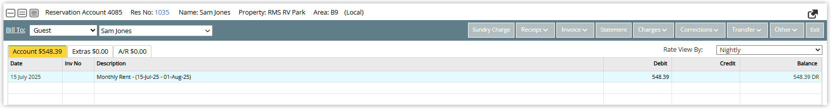 Screenshot of the reservation account transactions list showing the initial transaction posting followed by the scheduled repeat charges.