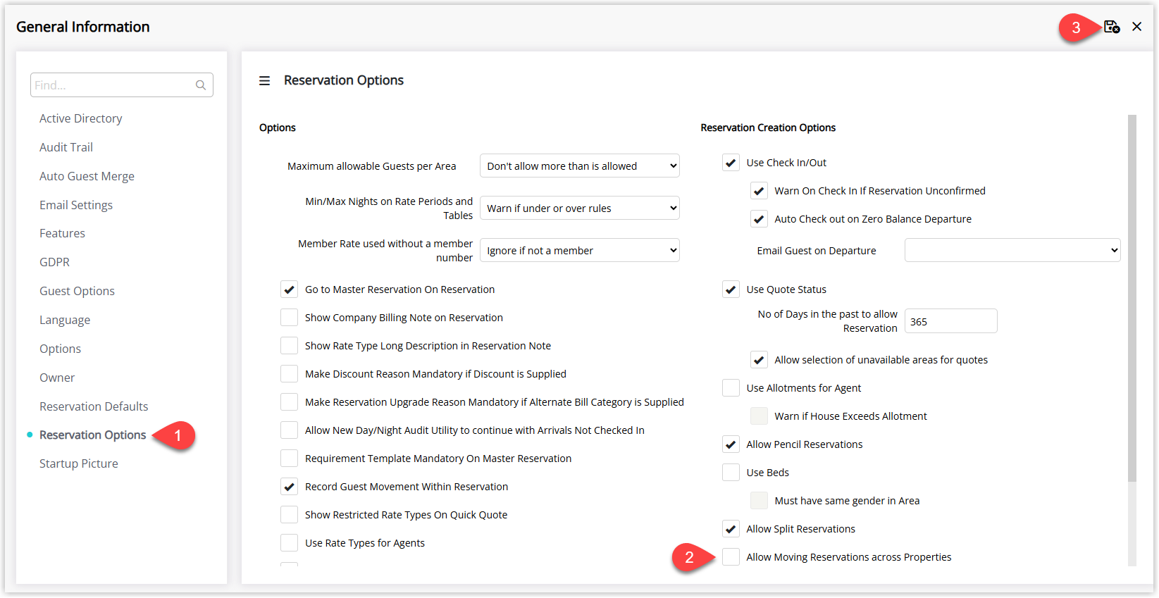 Annotated screenshot of the General Information Reservation Options screen in RMS with the Allow Moving Reservations across Properties option highlighted
