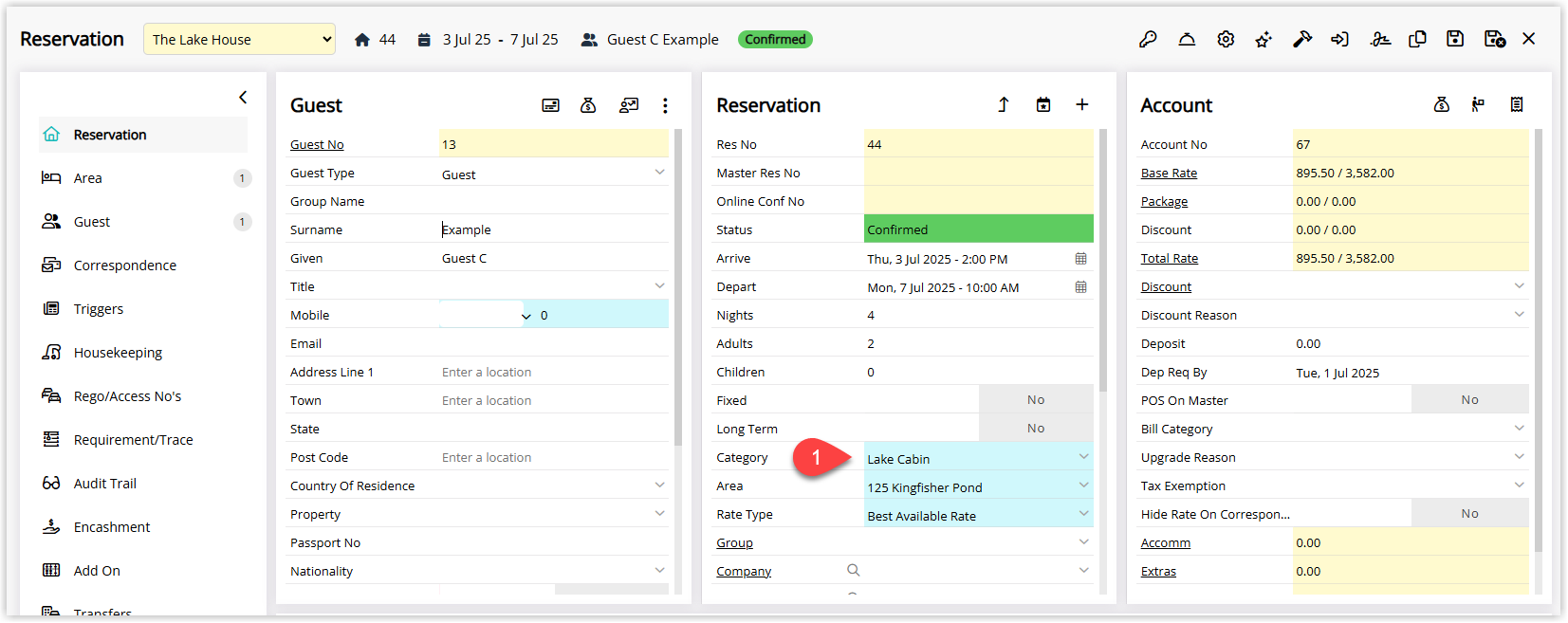 Annotated screenshot of the Reservation screen in RMS showing the property selector and the Category field set to Lake Cabin highlighted