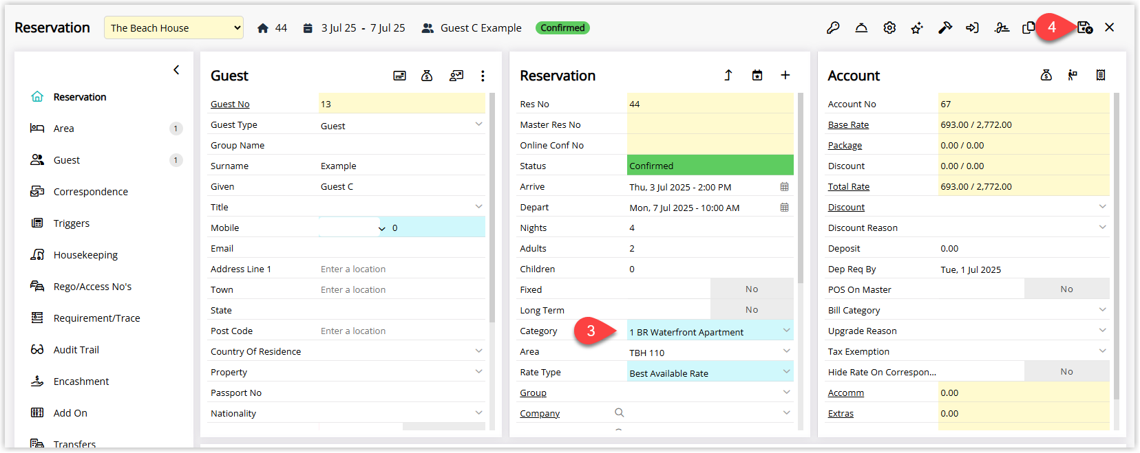 Annotated screenshot of the Reservation screen in RMS showing the reservation moved to The Beach House with a new Category selected and the save button highlighted