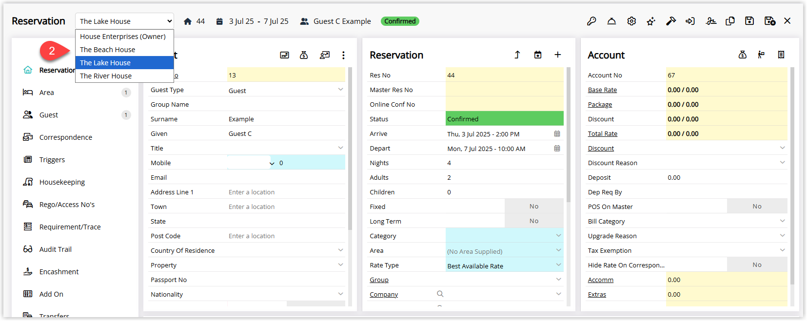 Annotated screenshot of the Reservation screen in RMS showing the property selector dropdown expanded with the available properties to move the reservation to