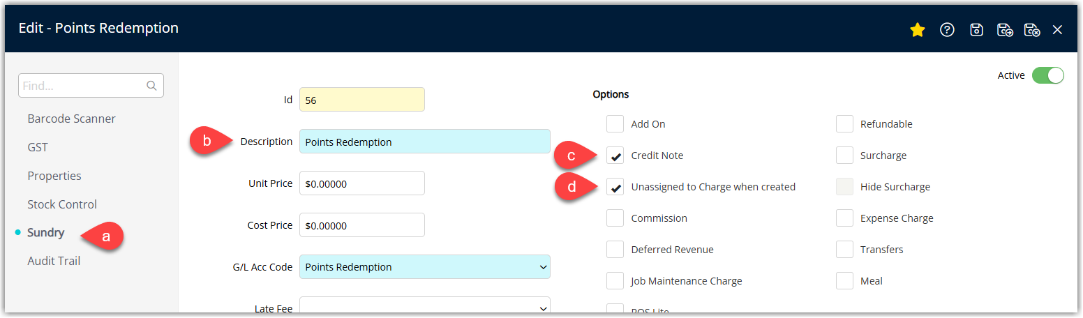 RMS Unassigned Credit Note setup screen showing a credit note configured for Guest Loyalty point redemption.